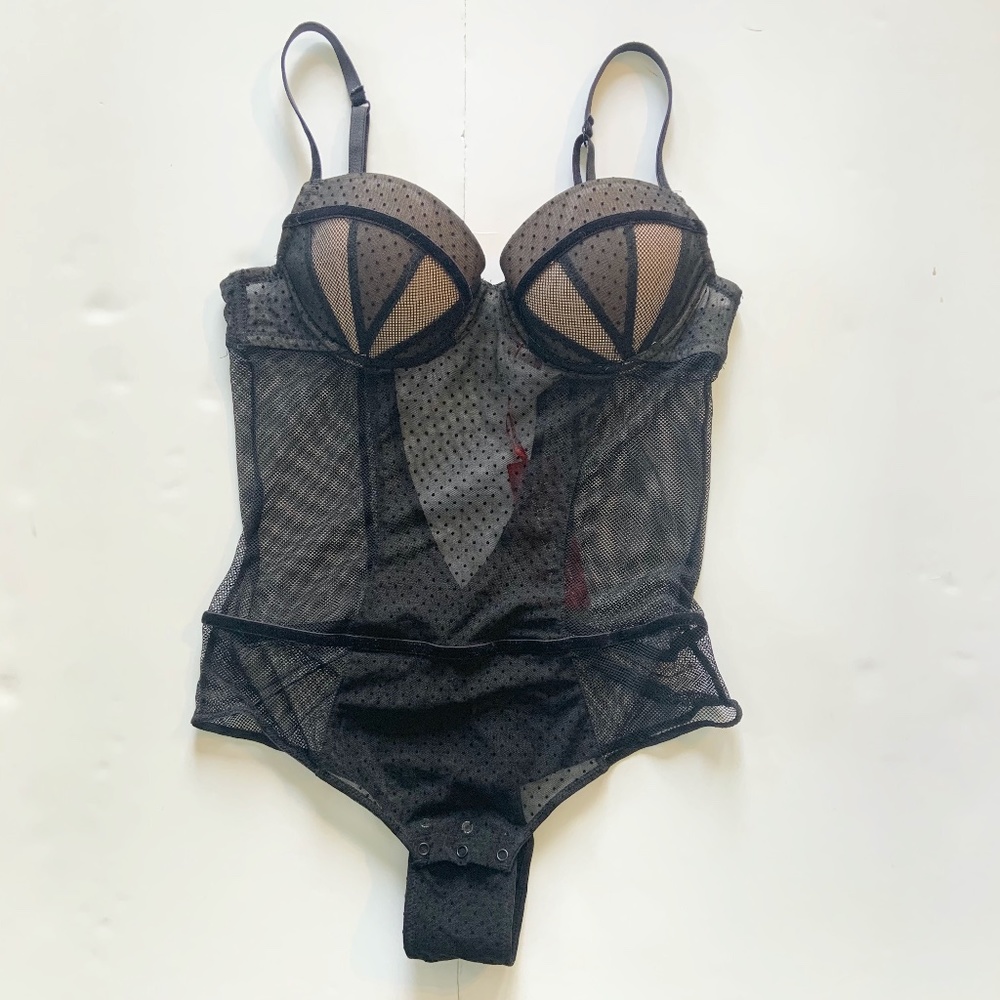 Push Up Fishnet Polka Dot Mesh Velvet Bodysuit